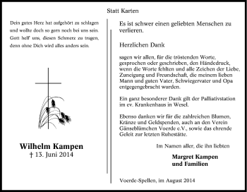 Traueranzeige von Wilhelm  Kampen  von Tageszeitung
