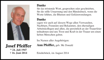 Traueranzeige von Josef Pfeiffer von Tageszeitung
