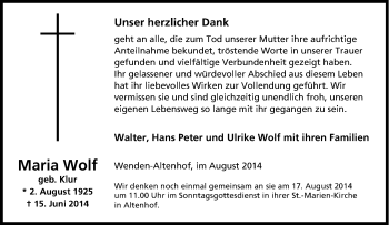 Traueranzeige von Maria Wolf von Tageszeitung