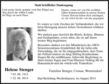 Traueranzeige von Helene Stenger von Tageszeitung