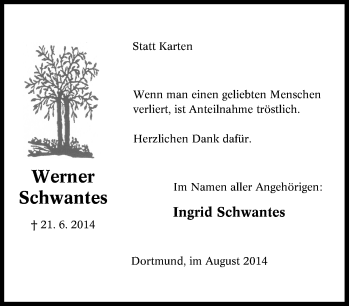 Traueranzeige von Werner Schwantes von Tageszeitung