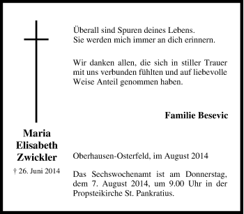 Traueranzeige von Maria Elisabeth Zwickler von Tageszeitung