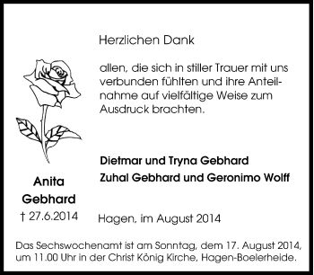 Traueranzeige von Anita Gebhard von Tageszeitung