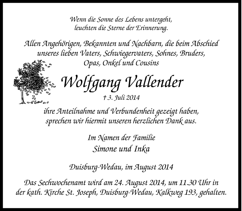  Traueranzeige für Wolfgang Vallender vom 23.08.2014 aus Tageszeitung