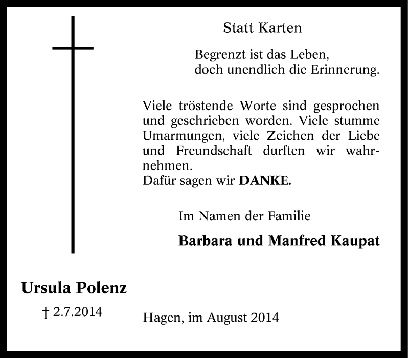  Traueranzeige für Ursula Polenz vom 08.08.2014 aus Tageszeitung