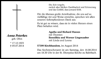 Traueranzeige von Anna Peterkes von Tageszeitung