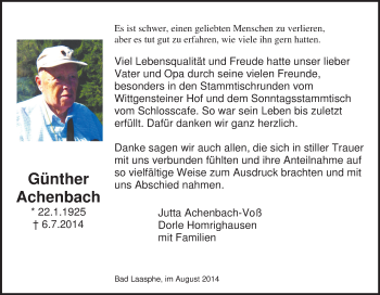 Traueranzeige von Günther Achenbach von Tageszeitung