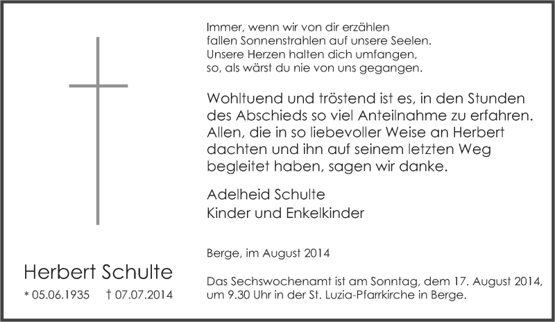  Traueranzeige für Herbert Schulte vom 09.08.2014 aus Tageszeitung