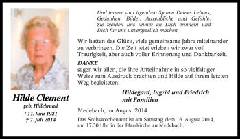 Traueranzeige von Hilde Clement von Tageszeitung