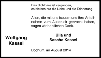 Traueranzeige von Wolfgang Kassel von Tageszeitung