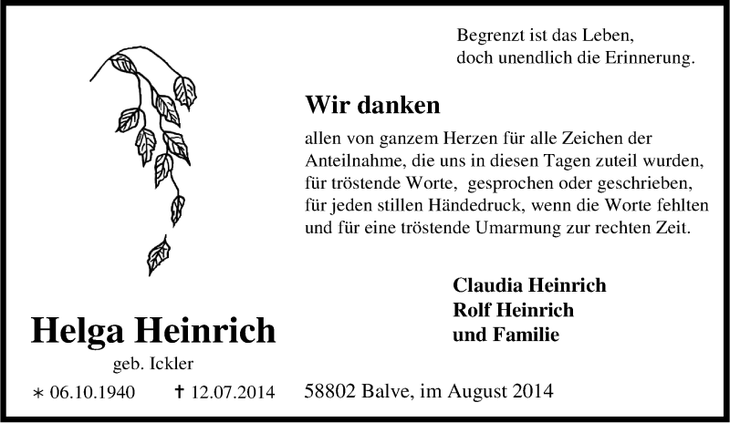  Traueranzeige für Helga Heinrich vom 09.08.2014 aus Tageszeitung