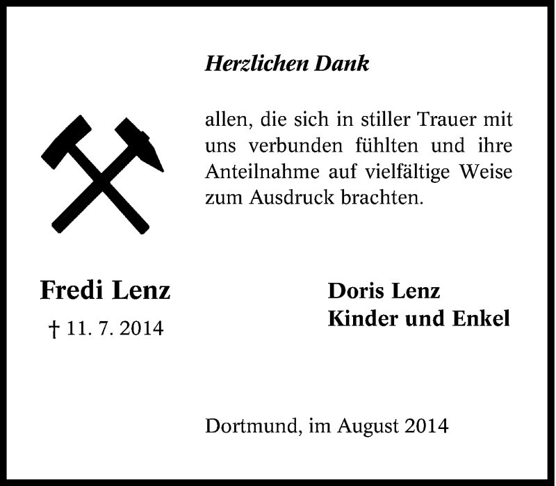  Traueranzeige für Fredi Lenz vom 02.08.2014 aus Tageszeitung