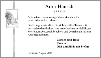 Traueranzeige von Artur Hansch von Tageszeitung
