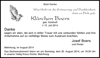 Traueranzeige von Klärchen Boers von Tageszeitung
