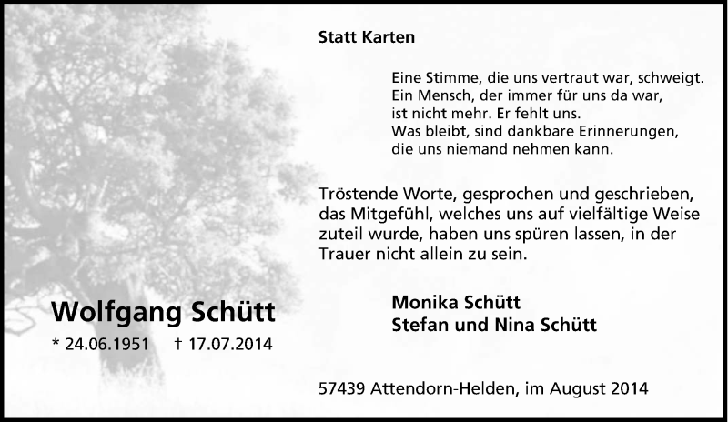  Traueranzeige für Wolfgang Schütt vom 16.08.2014 aus Tageszeitung