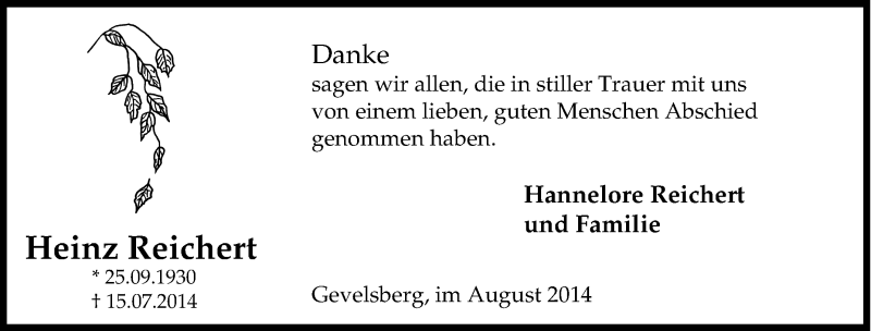 Traueranzeigen von Heinz Reichert TrauerinNRW.de