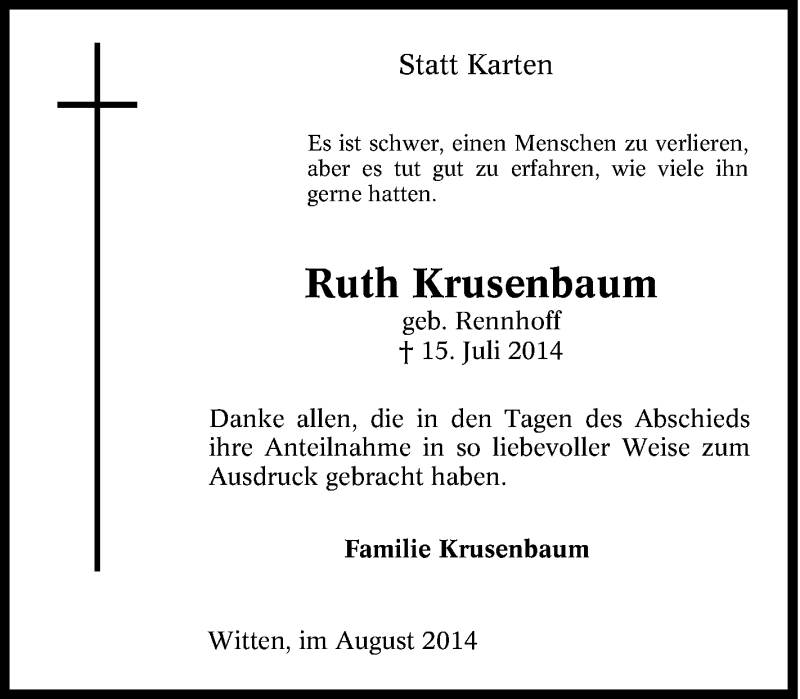  Traueranzeige für Ruth Krusenbaum vom 09.08.2014 aus Tageszeitung
