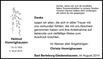 Traueranzeige von Helmut Homrighausen von Tageszeitung