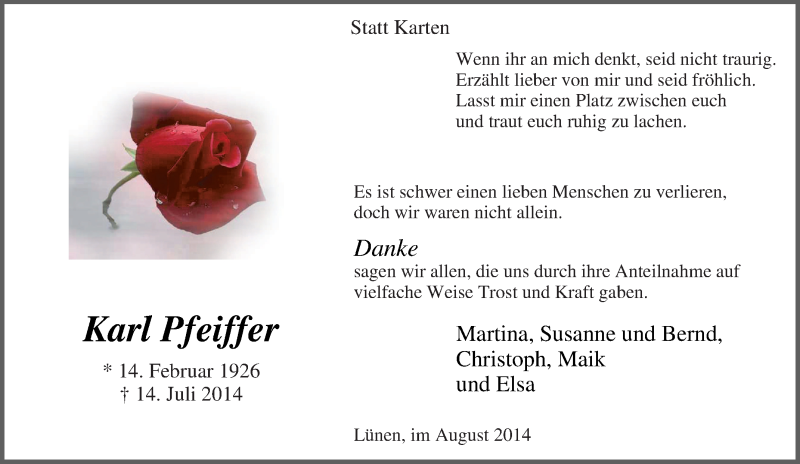  Traueranzeige für Karl Pfeiffer vom 20.08.2014 aus Tageszeitung