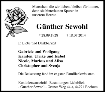 Traueranzeige von Günther Sewohl von Tageszeitung