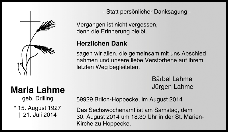  Traueranzeige für Maria Lahme vom 23.08.2014 aus Tageszeitung
