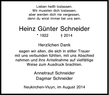 Traueranzeige von Heinz Günter Schneider von Tageszeitung