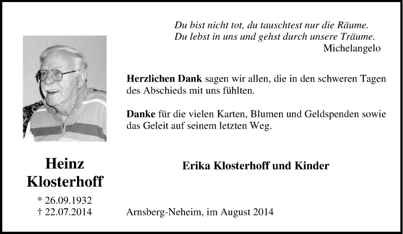  Traueranzeige für Heinz Klosterhoff vom 30.08.2014 aus Tageszeitung