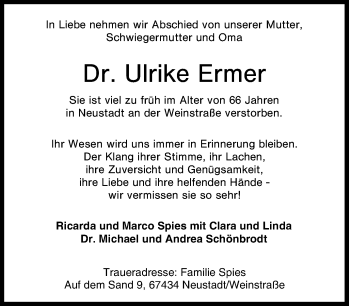 Traueranzeige von Ulrike Ermer von Tageszeitung