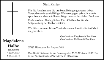 Traueranzeige von Magdalena Halbe von Tageszeitung
