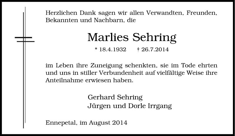  Traueranzeige für Marlies Sehring vom 30.08.2014 aus Tageszeitung