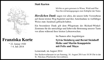 Traueranzeige von Franziska Korte von Tageszeitung