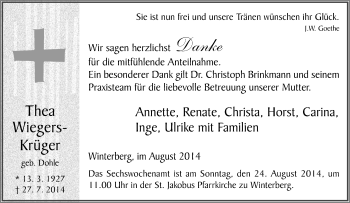 Traueranzeige von Thea Wiegers-Krüger von Tageszeitung