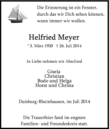 Traueranzeige von Helfried Meyer von Tageszeitung