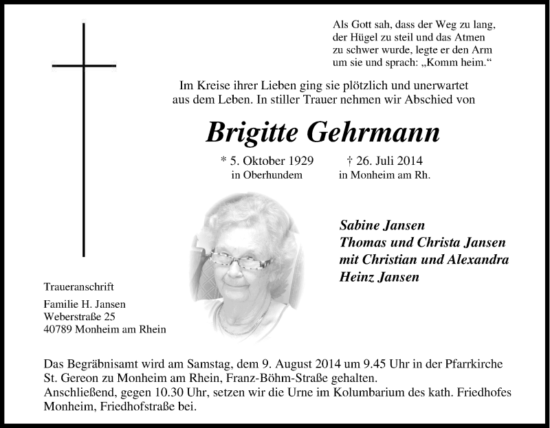  Traueranzeige für Brigitte Gehrmann vom 02.08.2014 aus Tageszeitung