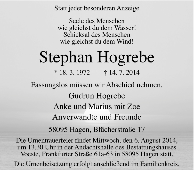  Traueranzeige für Stephan Hogrebe vom 02.08.2014 aus Tageszeitung