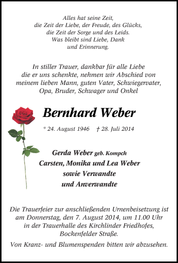 Traueranzeige von Bernhard Weber von Tageszeitung