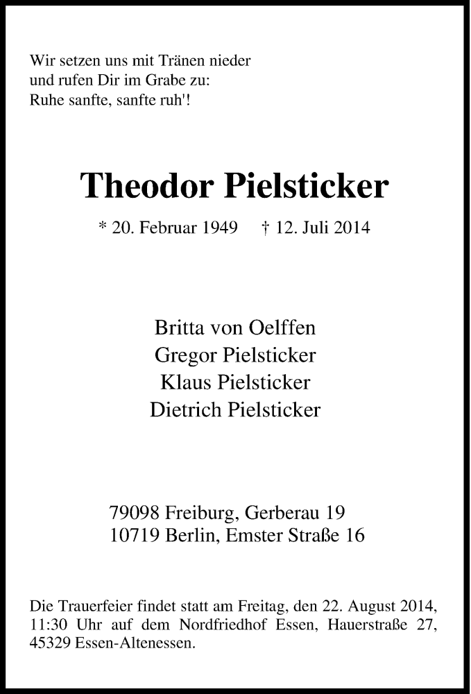  Traueranzeige für Theodor Pielsticker vom 02.08.2014 aus Tageszeitung