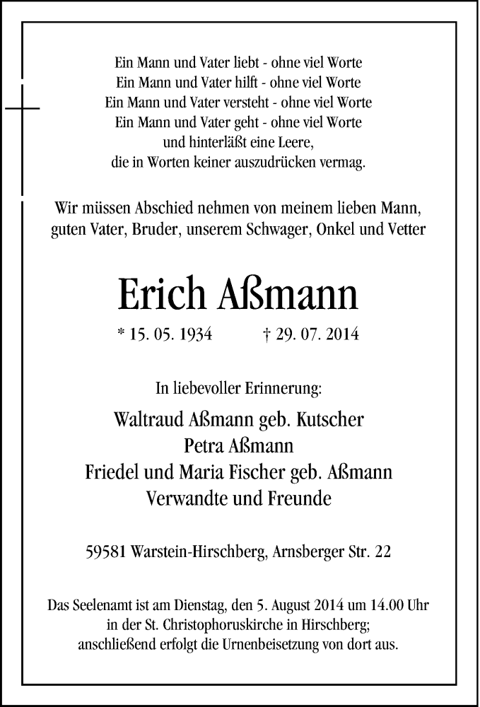 Traueranzeige für Erich Aßmann vom 02.08.2014 aus Tageszeitung