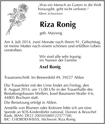 Traueranzeige von Riza Ronig von Tageszeitung