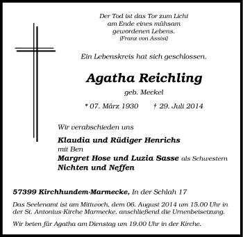 Traueranzeige von Agatha Reichling von Tageszeitung
