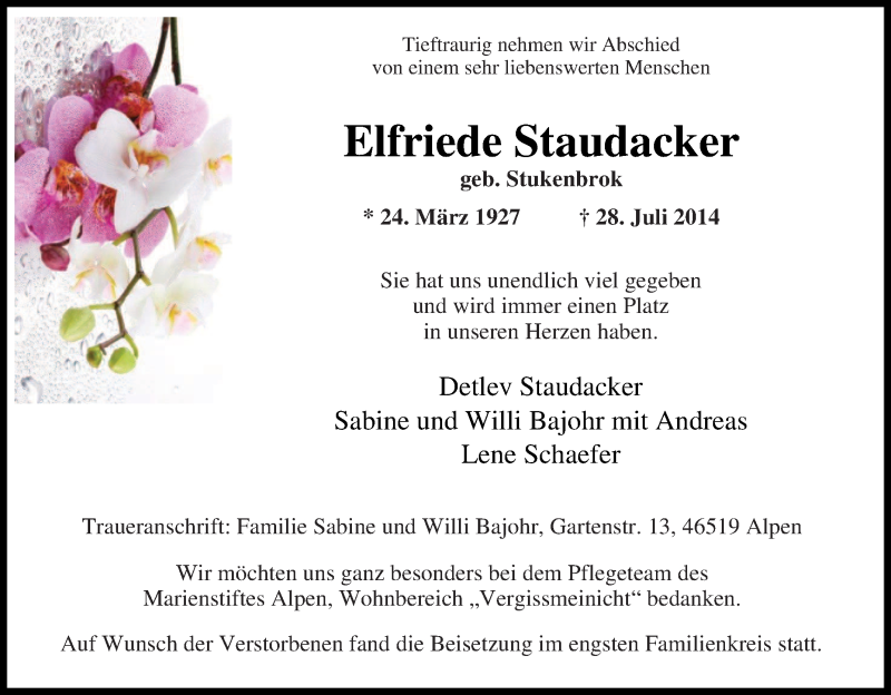  Traueranzeige für Elfriede Staudacker vom 02.08.2014 aus Tageszeitung