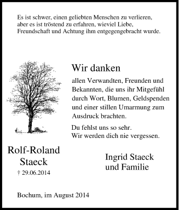Traueranzeige von Rolf-Roland Staeck von Tageszeitung