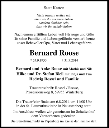 Traueranzeige von Bernard Roose von Tageszeitung