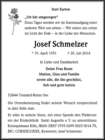 Traueranzeige von Josef Schmelzer von Tageszeitung
