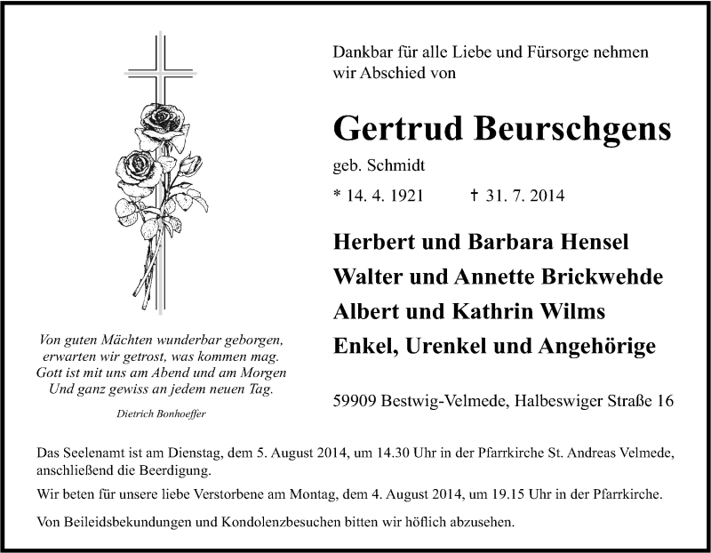  Traueranzeige für Gertrud Beurschgens vom 02.08.2014 aus Tageszeitung