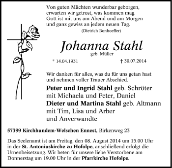 Traueranzeige von Johanna Stahl von Tageszeitung