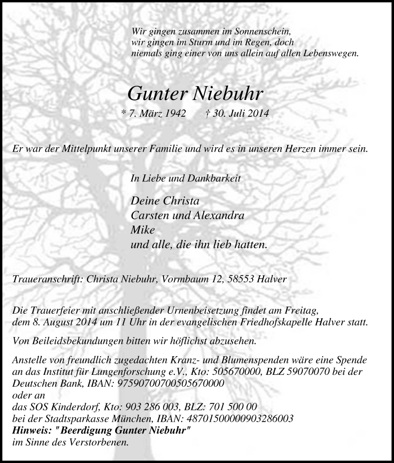  Traueranzeige für Gunter Niebuhr vom 04.08.2014 aus Tageszeitung