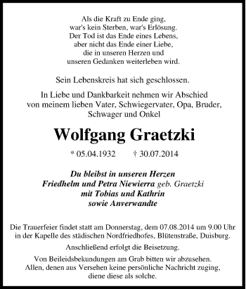 Traueranzeige von Wolfgang Graetzki von Tageszeitung
