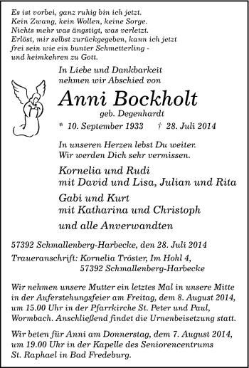 Traueranzeige von Anni Bockholt von Tageszeitung