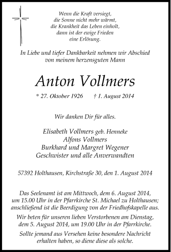 Traueranzeige von Anton Vollmers von Tageszeitung